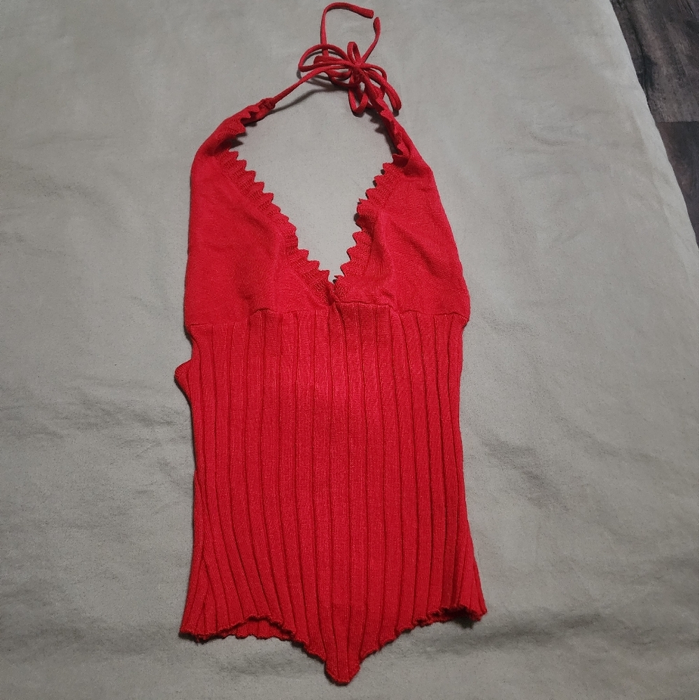 Red Halter Neck Ribbed Top